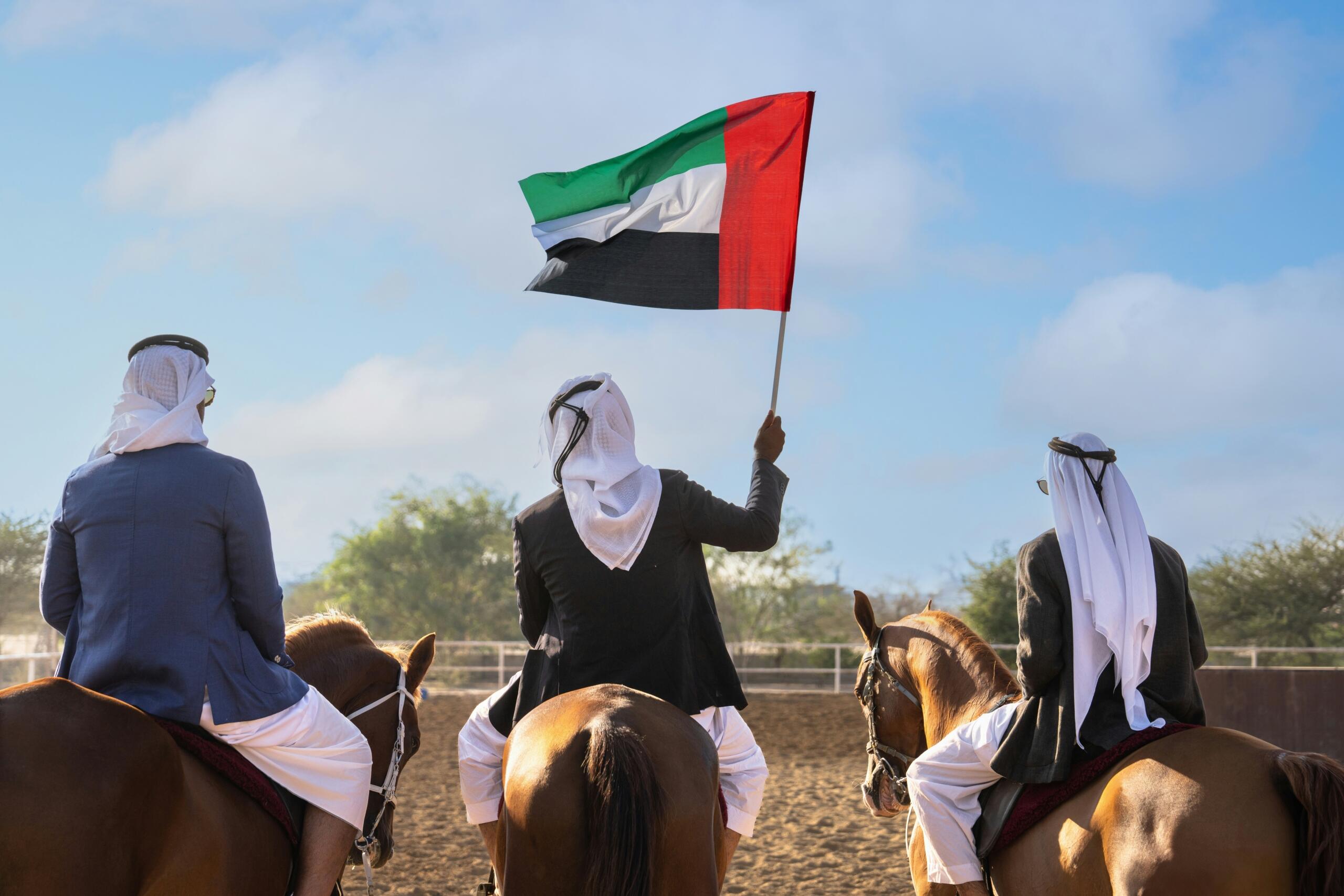 This image captures a group of riders on horseback, symbolizing Arabian heritage, unity, and tradition. The scene reflects the cultural depth and historical identity of the region, showcasing strength, leadership, and the timeless bond between people and horses in desert life.
