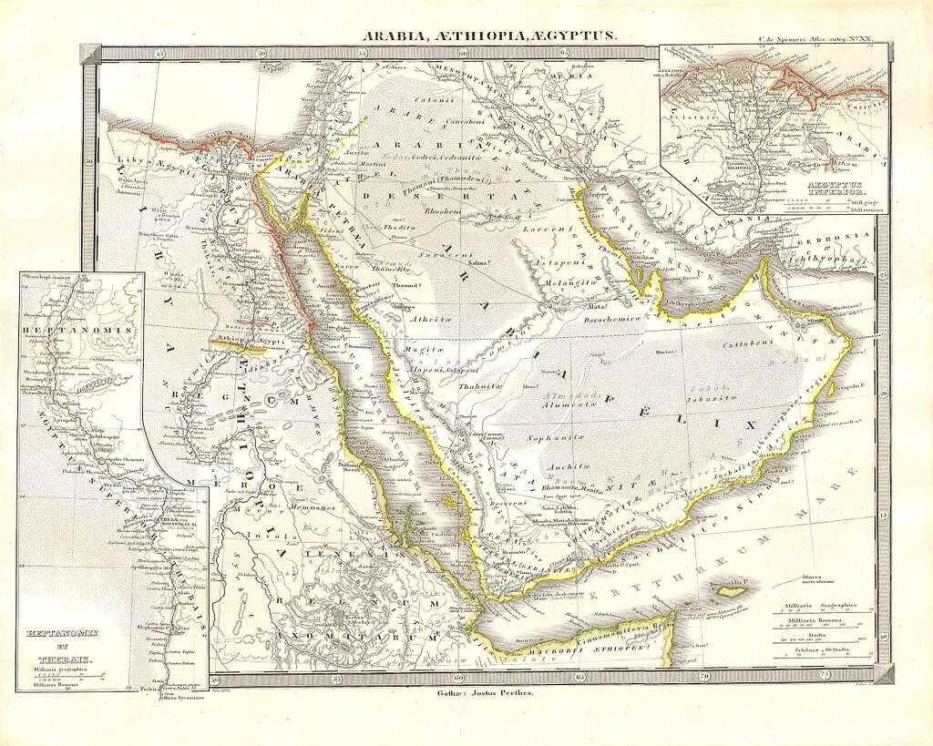 A classical cartographic map titled "Arabia, Aethiopia, Aegyptus," published by Justus Perthes (Gotha). This historical map illustrates the ancient geographical understanding of the Arabian Peninsula and its surrounding regions, including the Red Sea coastline and the Persian Gulf.