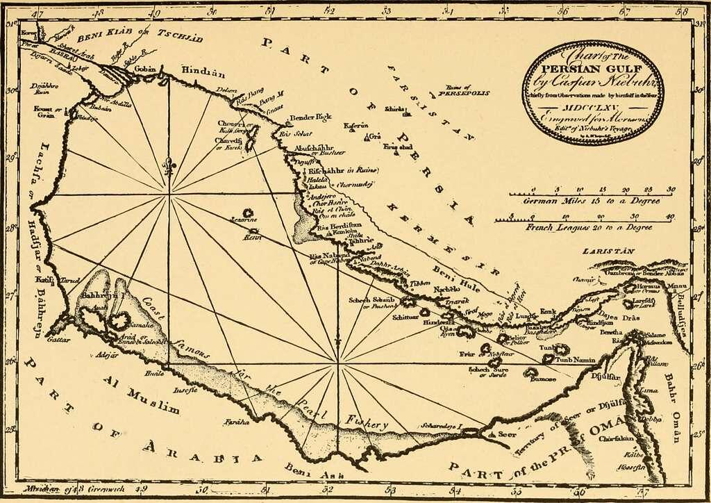 A 1765 chart of the Persian Gulf by Carsten Niebuhr one of the earliest detailed European maps of the region. The Arabian coastline depicted here, including Bahrain, Oman, and the Muslim Arabia territories, mirrors the world that existed in the centuries of the Arabian Peninsula before Islam: a landscape of tribal commerce, coastal trade, and pearl fisheries stretching from the Gulf to the Indian Ocean.