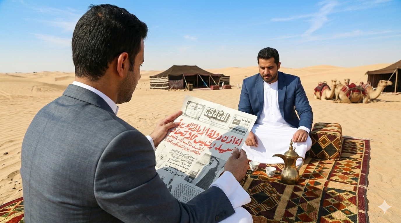 Two men in traditional UAE desert setting reading an Arabic newspaper, reflecting the national language of UAE in everyday life