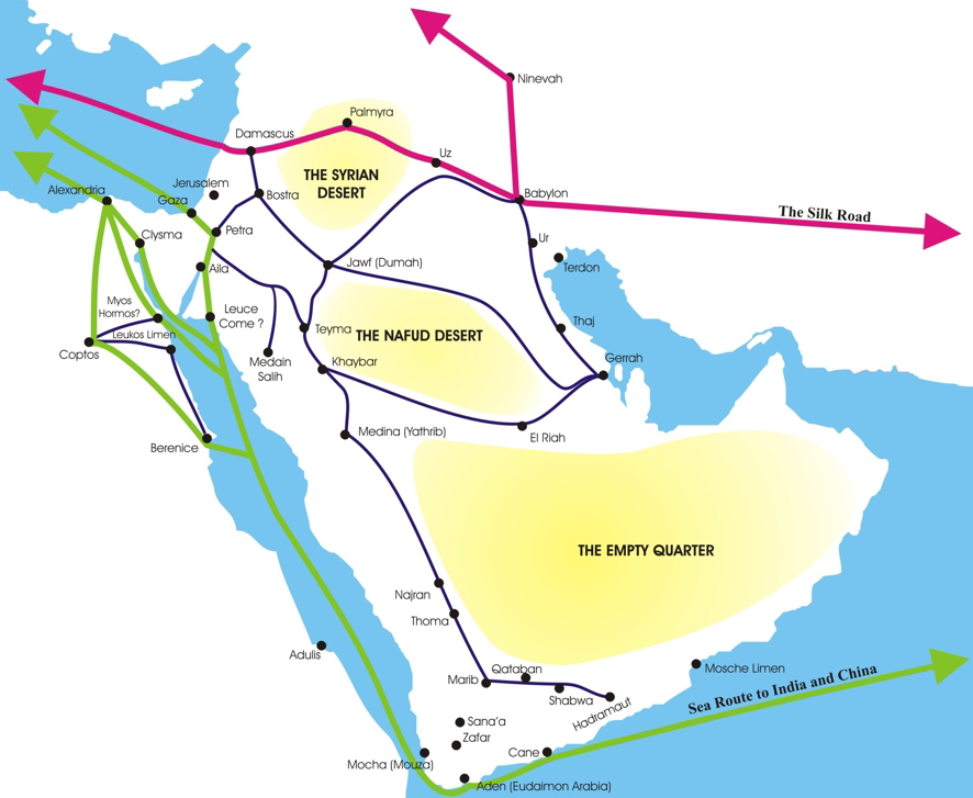 Ancient caravan and sea trade routes crossing the Arabian Peninsula linking southern Arabia's incense kingdoms to Alexandria, Damascus, Babylon, and beyond. The Incense Route, Silk Road connections, and Sea Route to India shaped the history of the Arabian Peninsula long before Islam.