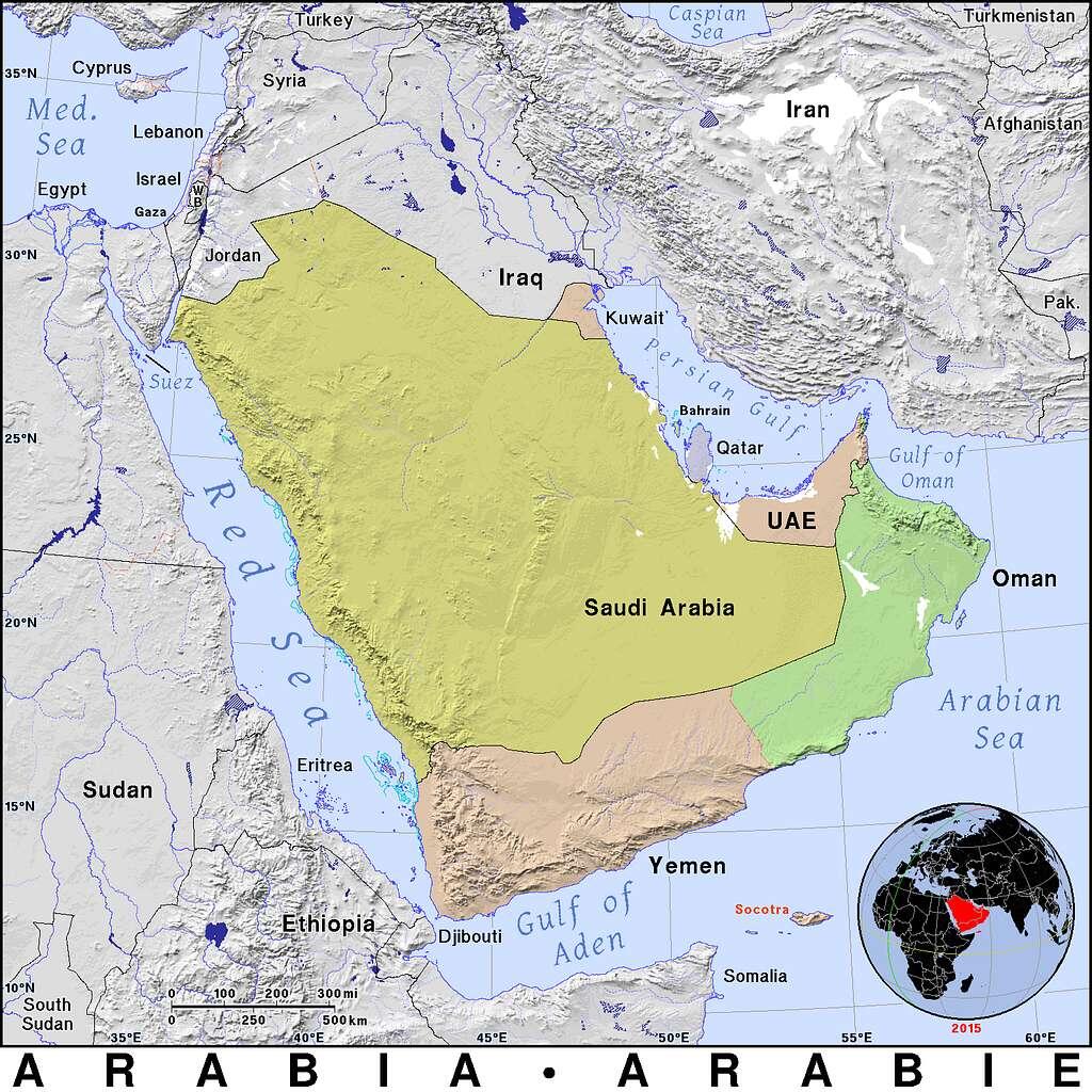 Arabian Peninsula location map showing bordering seas and countries