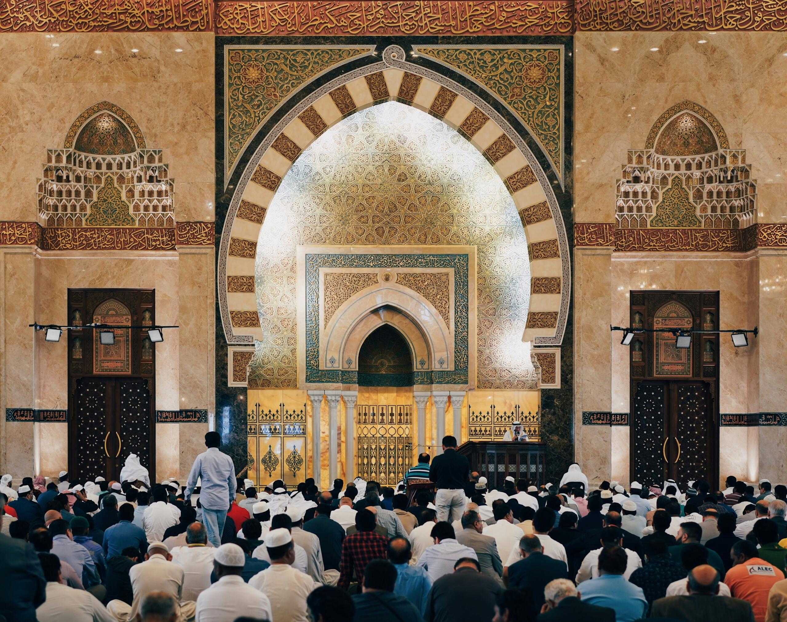Muslim congregation praying inside a mosque during Islamic New Year Muharram observance