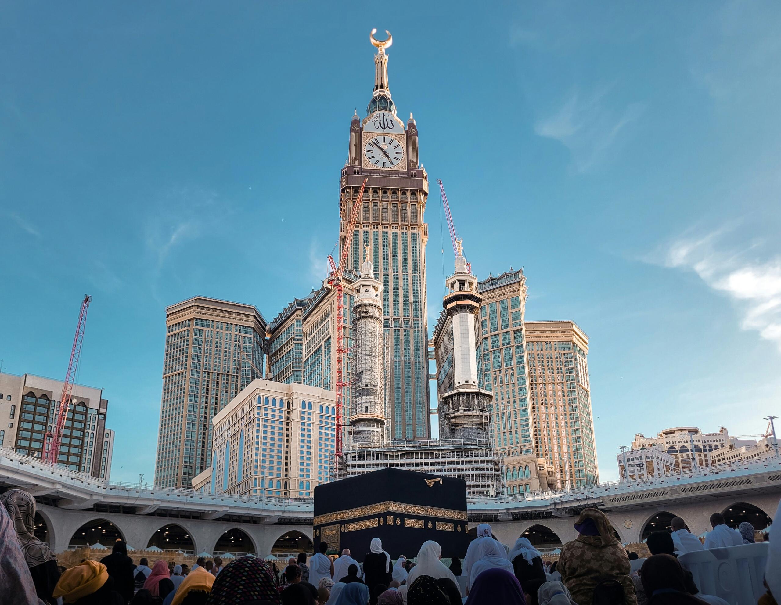 The Kaaba and Abraj Al-Bait Clock Tower in Mecca, Saudi Arabia
