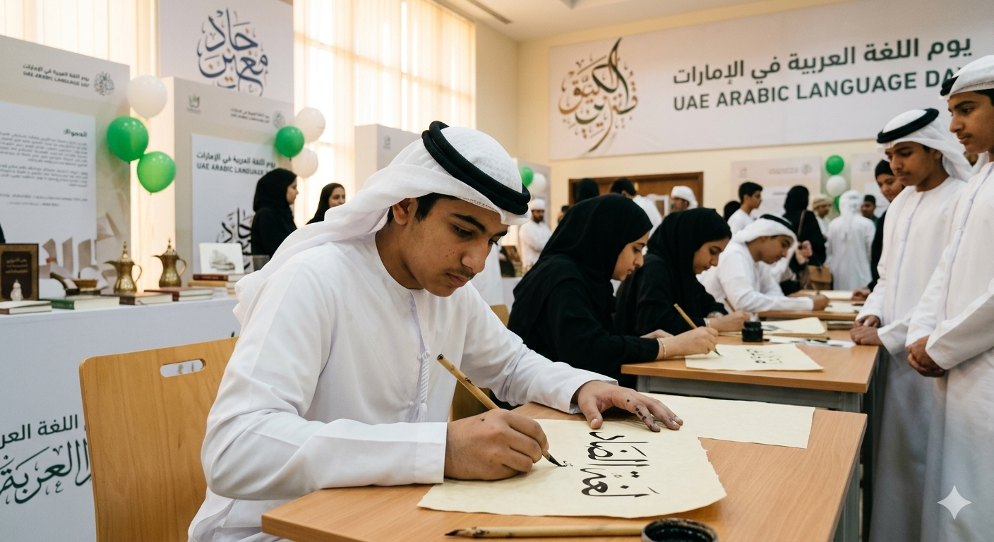 Emirati students practicing Arabic calligraphy at UAE Arabic Language Day event, highlighting government efforts to preserve the united arab emirates national language
