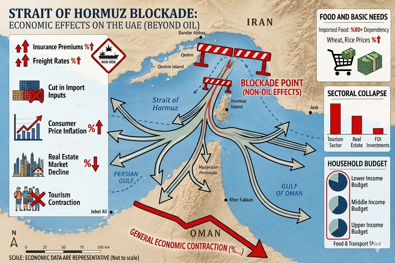 Infographic map showing the economic impact of a Strait of Hormuz blockade on the UAE economy, highlighting inflation, food security risks, and sectoral collapse beyond oil.