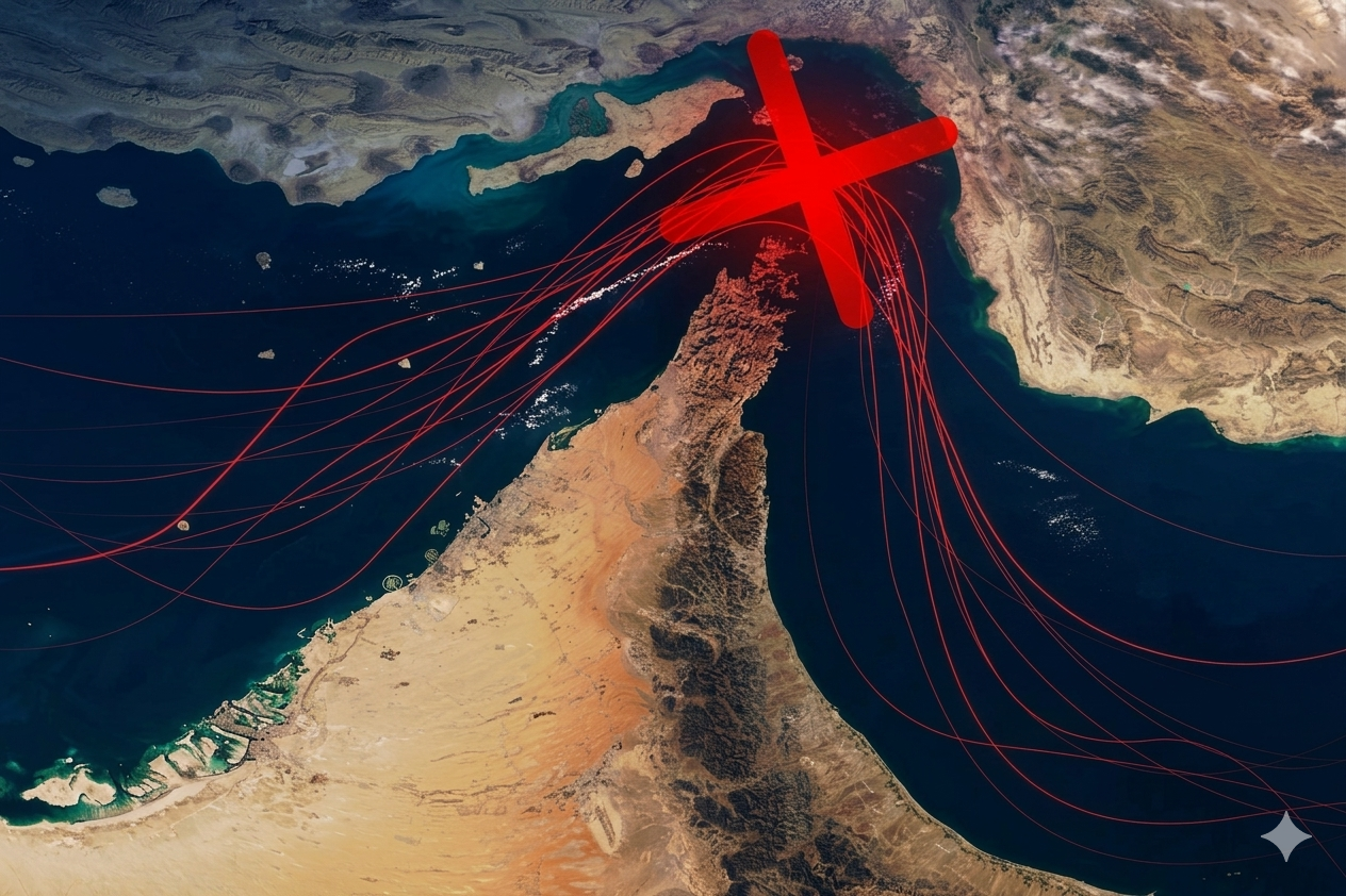 Satellite map of the Strait of Hormuz showing shipping lanes intersecting at a red X mark, symbolizing a geopolitical blockade and global trade disruption.