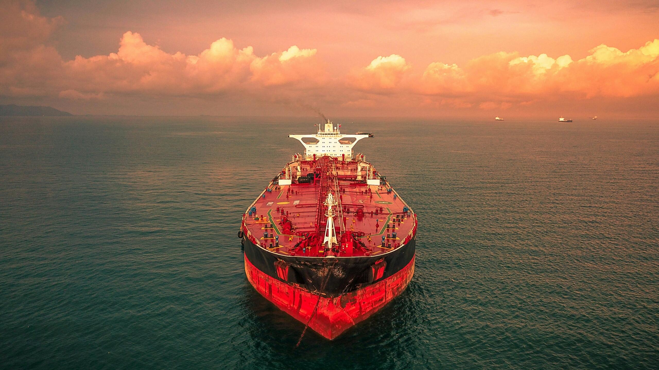Large crude oil tanker at sea near the Strait of Hormuz shipping lane