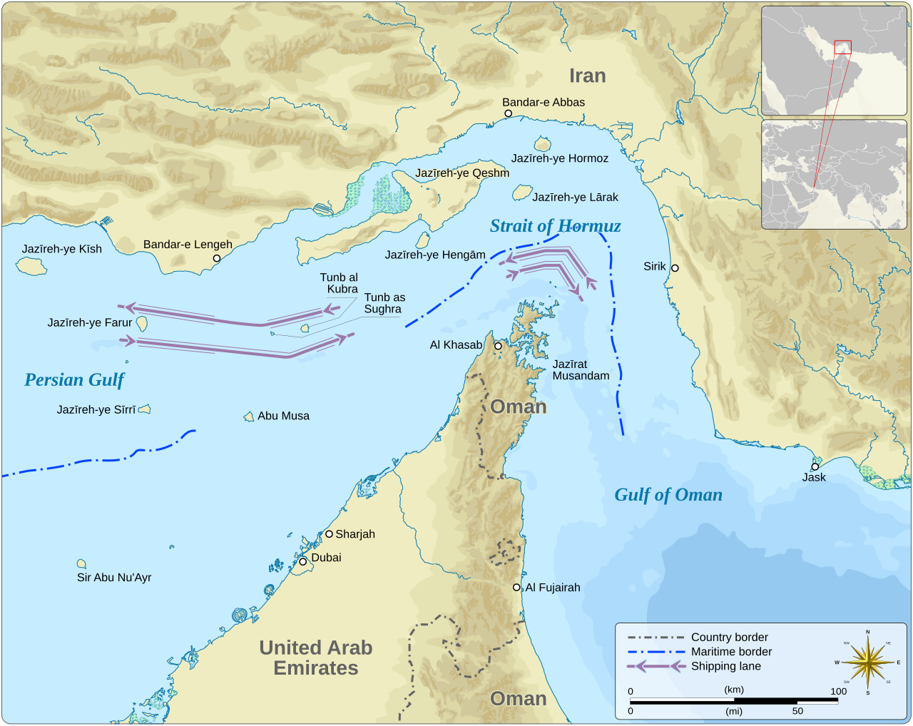 Map of the Strait of Hormuz displaying shipping lanes, maritime borders, and surrounding territories of Iran, Oman, and the United Arab Emirates.