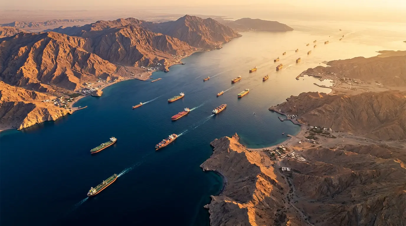 Aerial view of oil tankers and cargo ships sailing through the Strait of Hormuz between Iran and Oman, a critical global shipping and energy transit route.