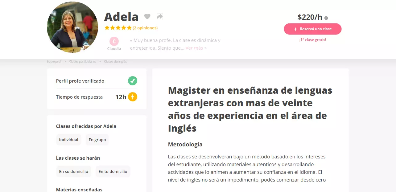 Conoce a Adela, docente de Inglés que forma parte de la plataforma de Superprof.