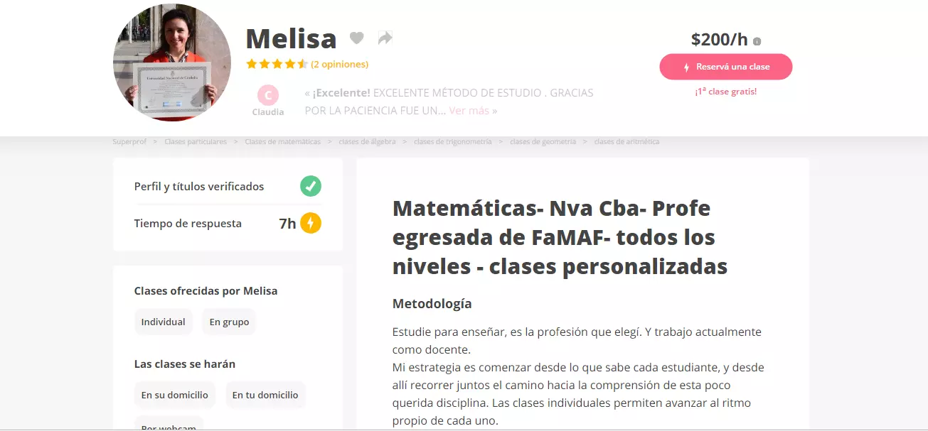 Melisa es profesora de Matemáticas en Córdoba capital.