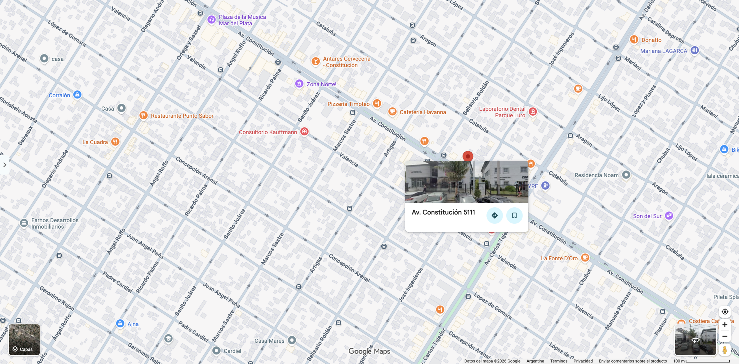 Mapa de Google Maps en Mar del Plata, Argentina, mostrando la Sede Constitución del Instituto Educa Idiomas en Av. Constitución 5111. Fuente: Google Maps.
