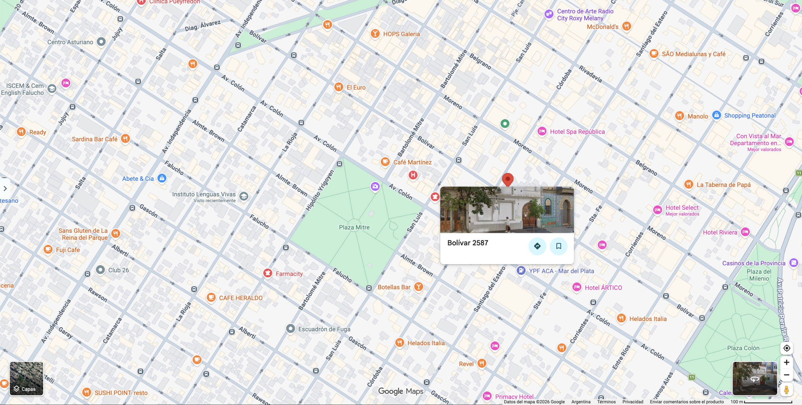 Mapa de Google Maps de la ciudad de Mar del Plata, Argentina, señalando la ubicación de la Sociedad Dante Alighieri en la calle Bolívar 2587. Fuente: Google Maps.