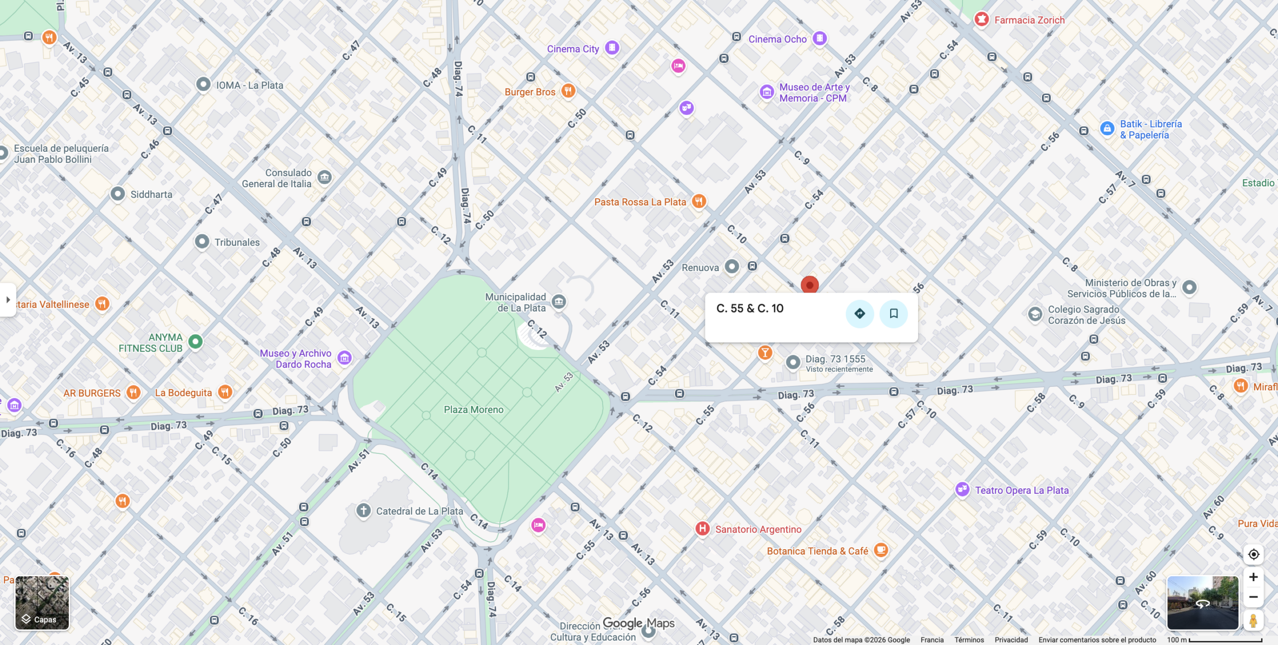 Mapa de la intersección de Calle 55 y Calle 10 en La Plata, donde se ubica el Instituto de Cultura Itálica. Fuente: Google Maps.