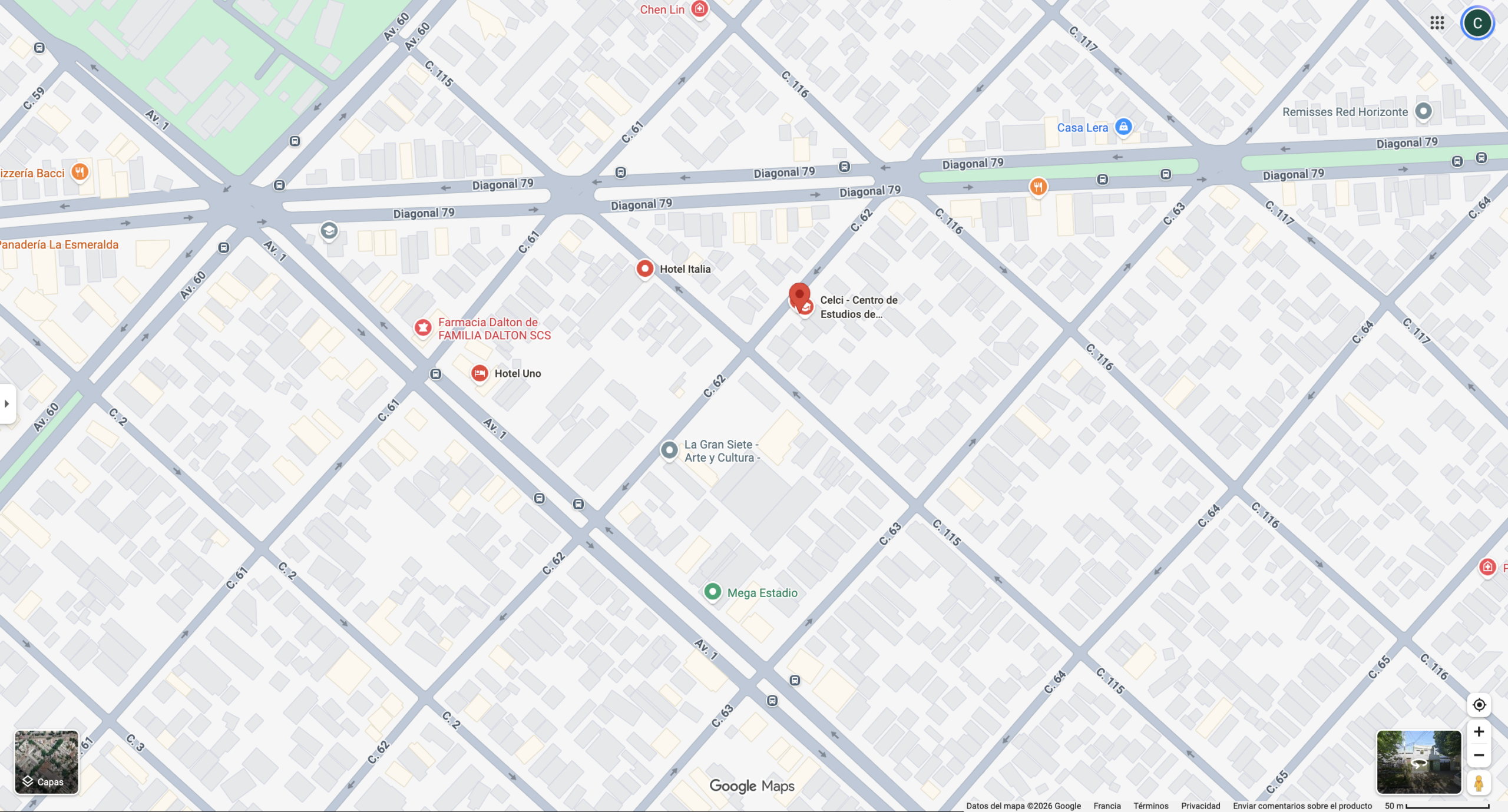 Vista de mapa del CELCI - Centro de Estudios de Lengua y Cultura Italiana, ubicado en la Calle 62 entre 1 y 115. Fuente: Google Maps.