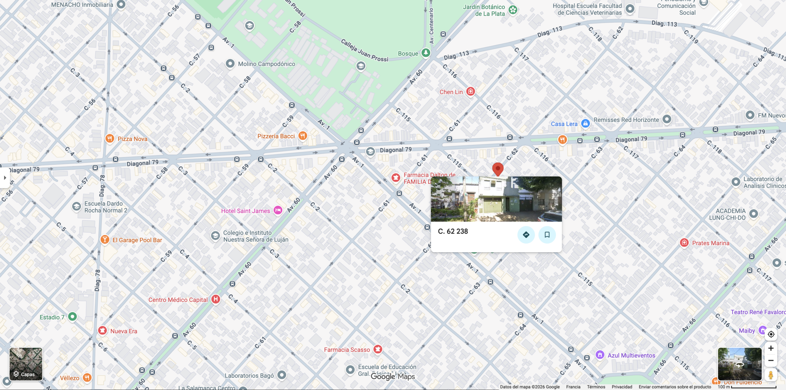 Mapa detallado que señala la ubicación de la Asociación Pugliese en la Calle 62 N° 238, en la ciudad de La Plata. Fuente: Google Maps.