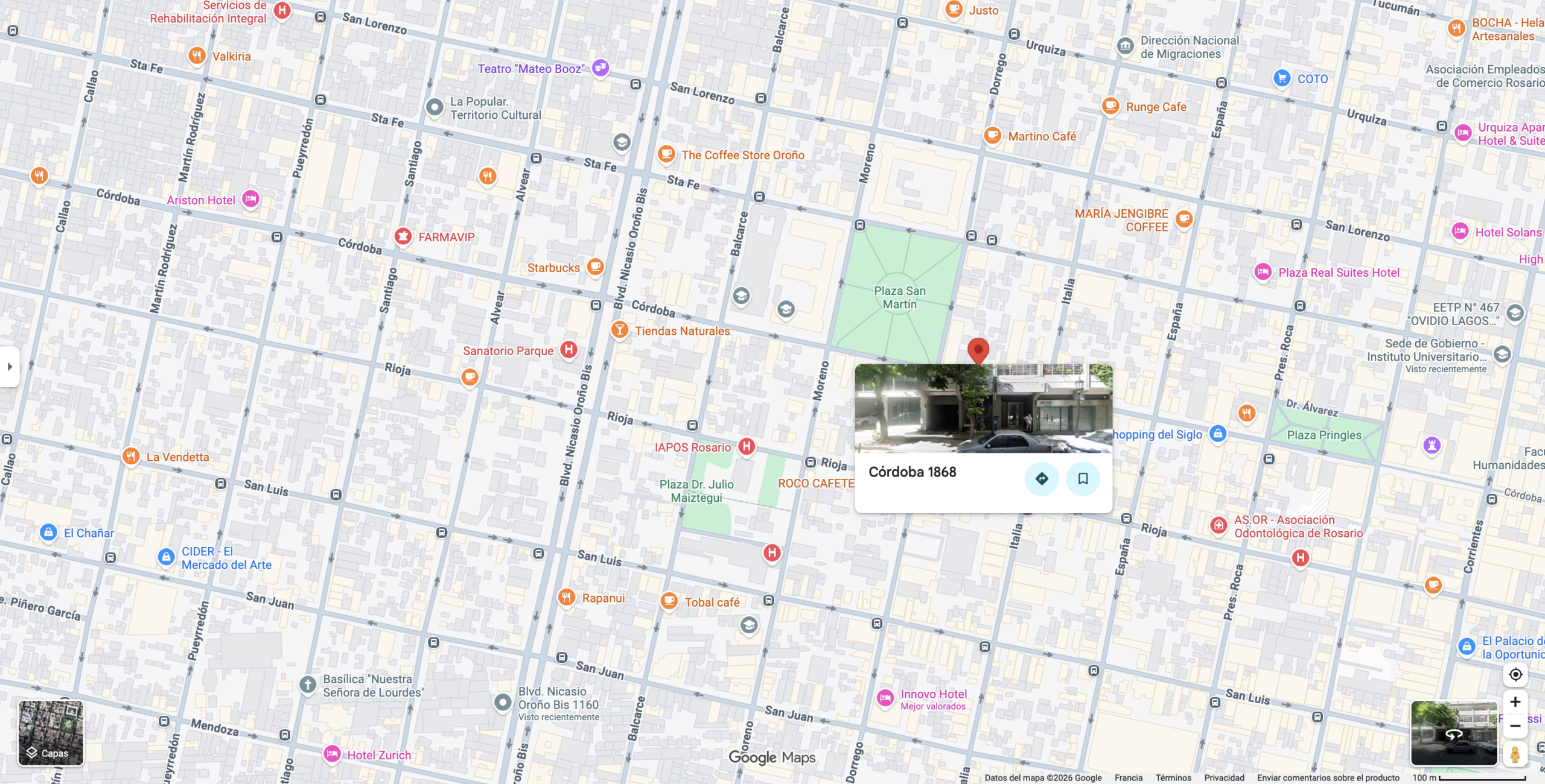 Rosario, Argentina. Mapa de Google Maps señalando la ubicación de Córdoba 1868 en el área céntrica de la ciudad. Fuente: Google Maps.