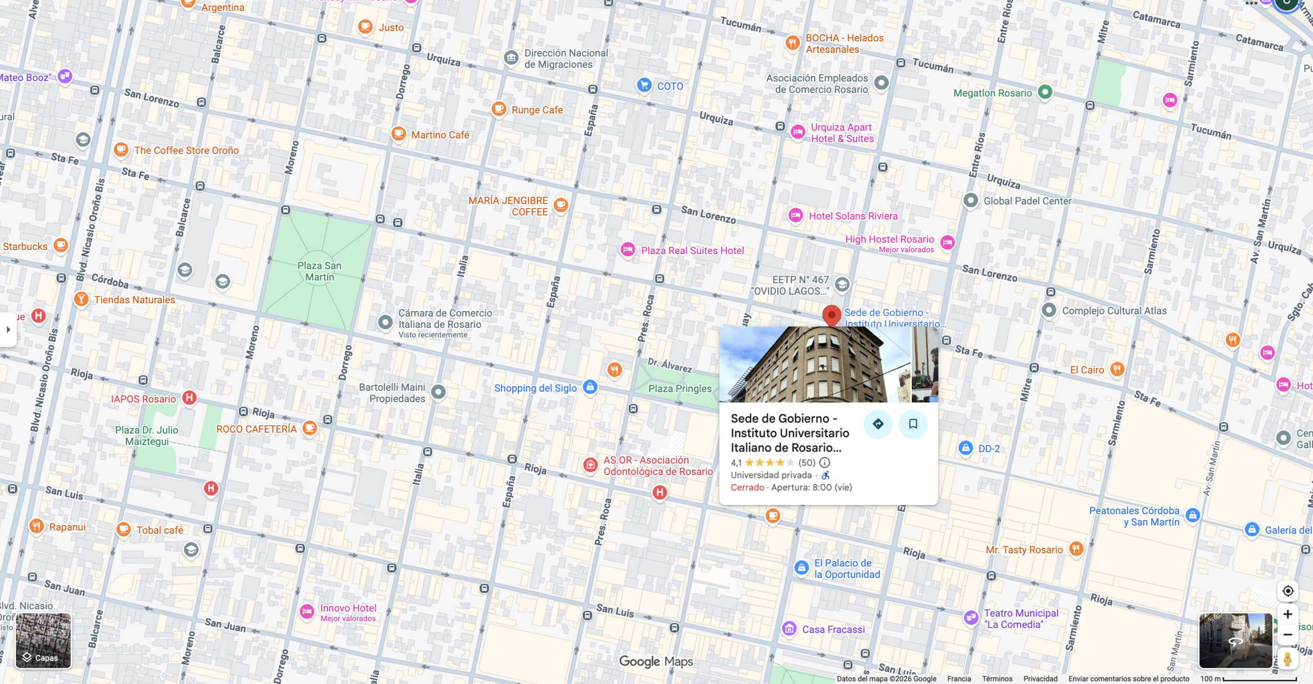 Rosario, Argentina. Captura de Google Maps de la Sede de Gobierno del Instituto Universitario Italiano de Rosario. Fuente: Google Maps.