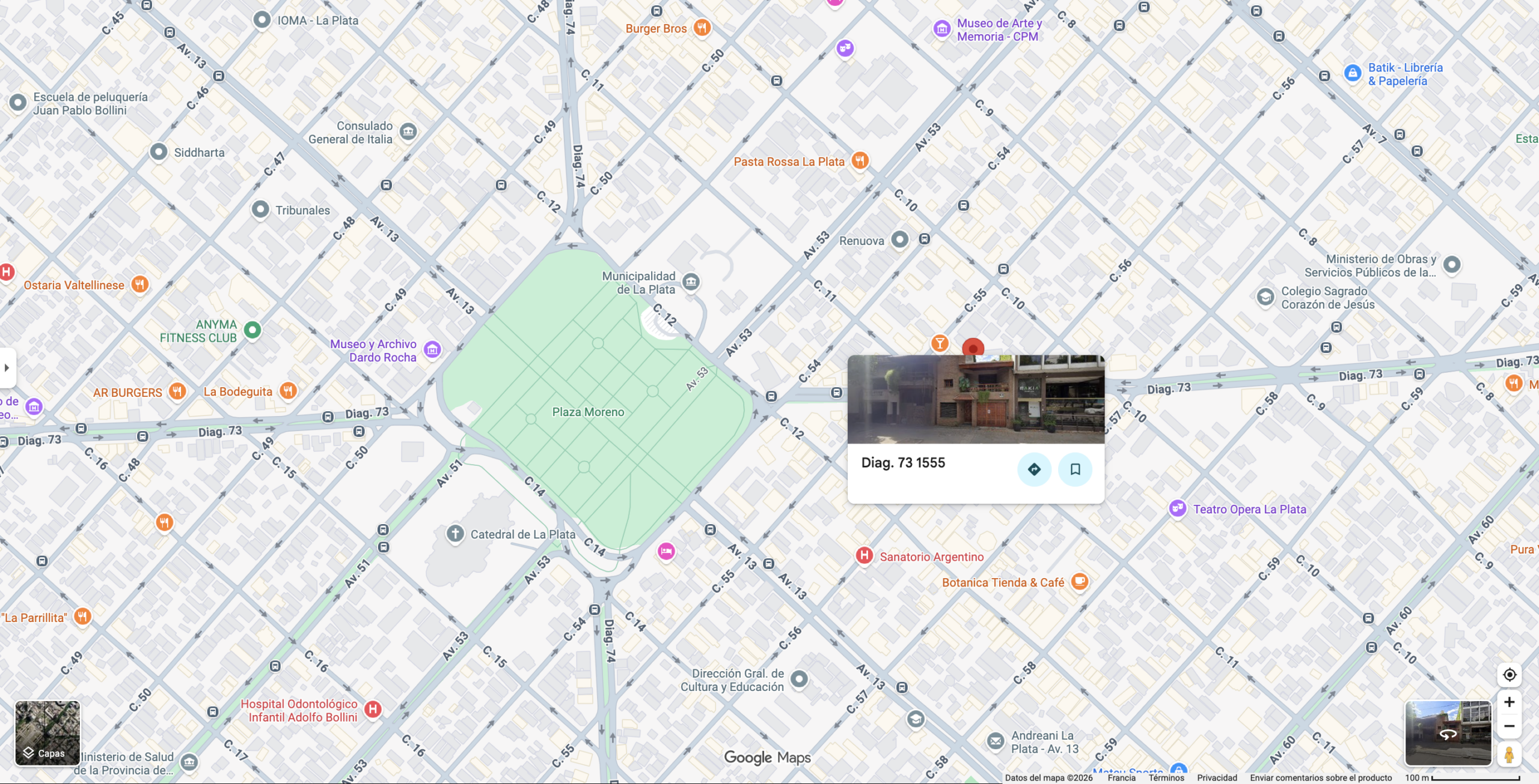 Mapa de la ciudad de La Plata que muestra la ubicación de la Asociación Dante Alighieri en Diagonal 73 N° 1555, cerca de Plaza Moreno. Fuente: Google Maps.