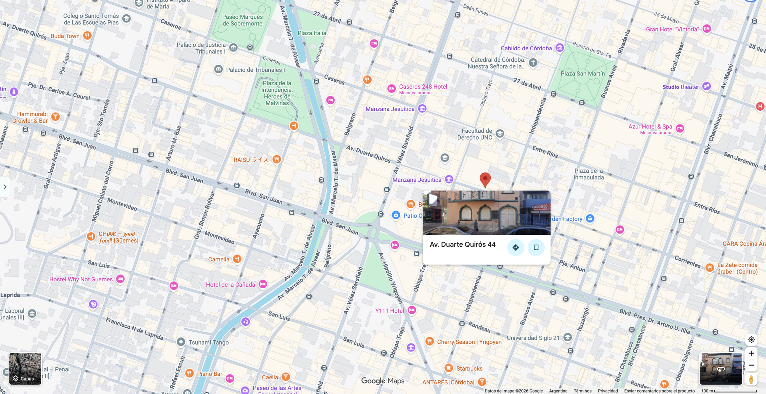Duarte Quirós 44, Córdoba Capital, Argentina. Mapa con el punto de ubicación de las instalaciones. Fuente: Google Maps.