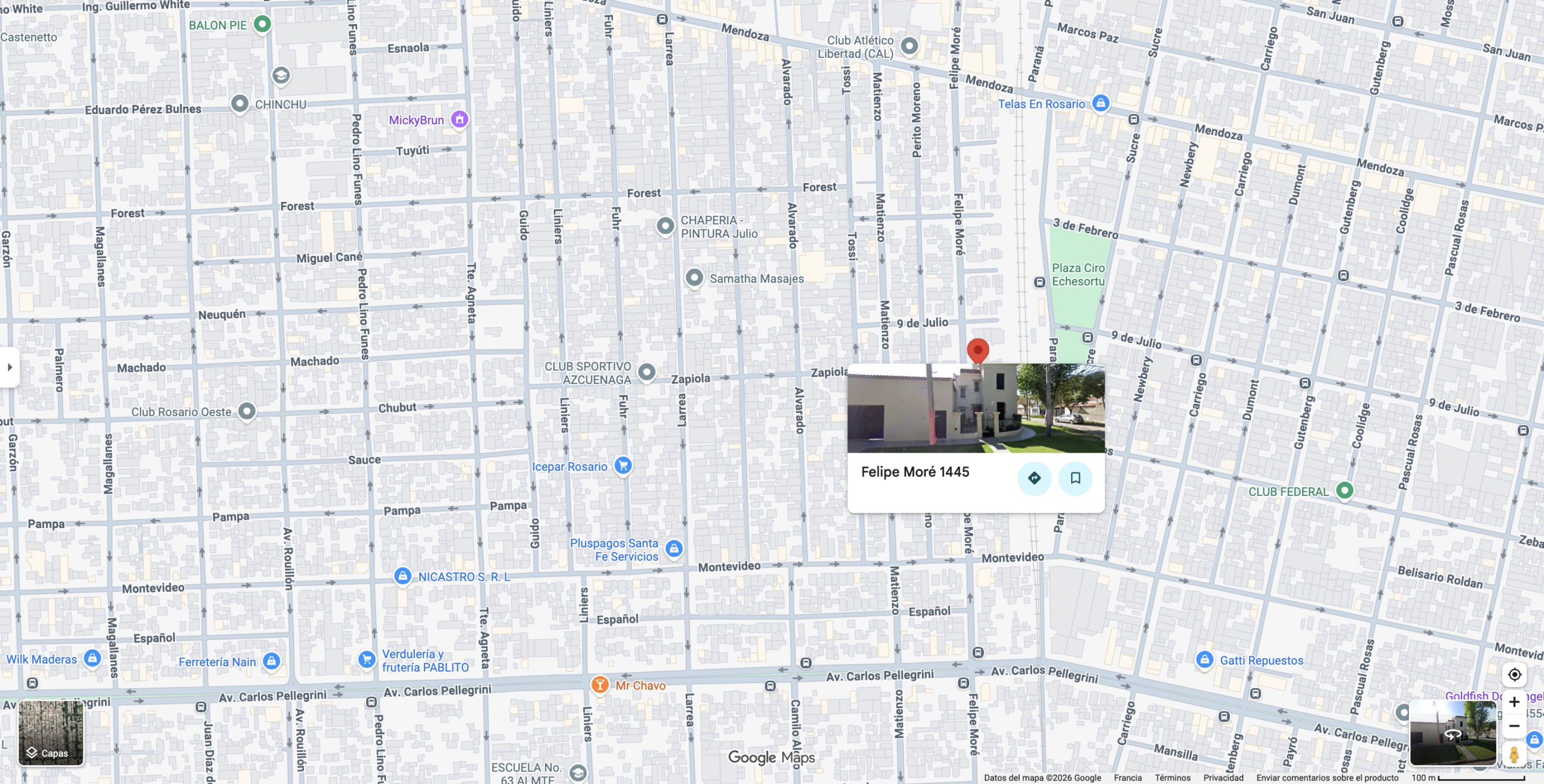 Rosario, Argentina. Imagen de Google Maps que muestra la ubicación exacta de Felipe Moré 1445 con vista previa. Fuente: Google Maps.