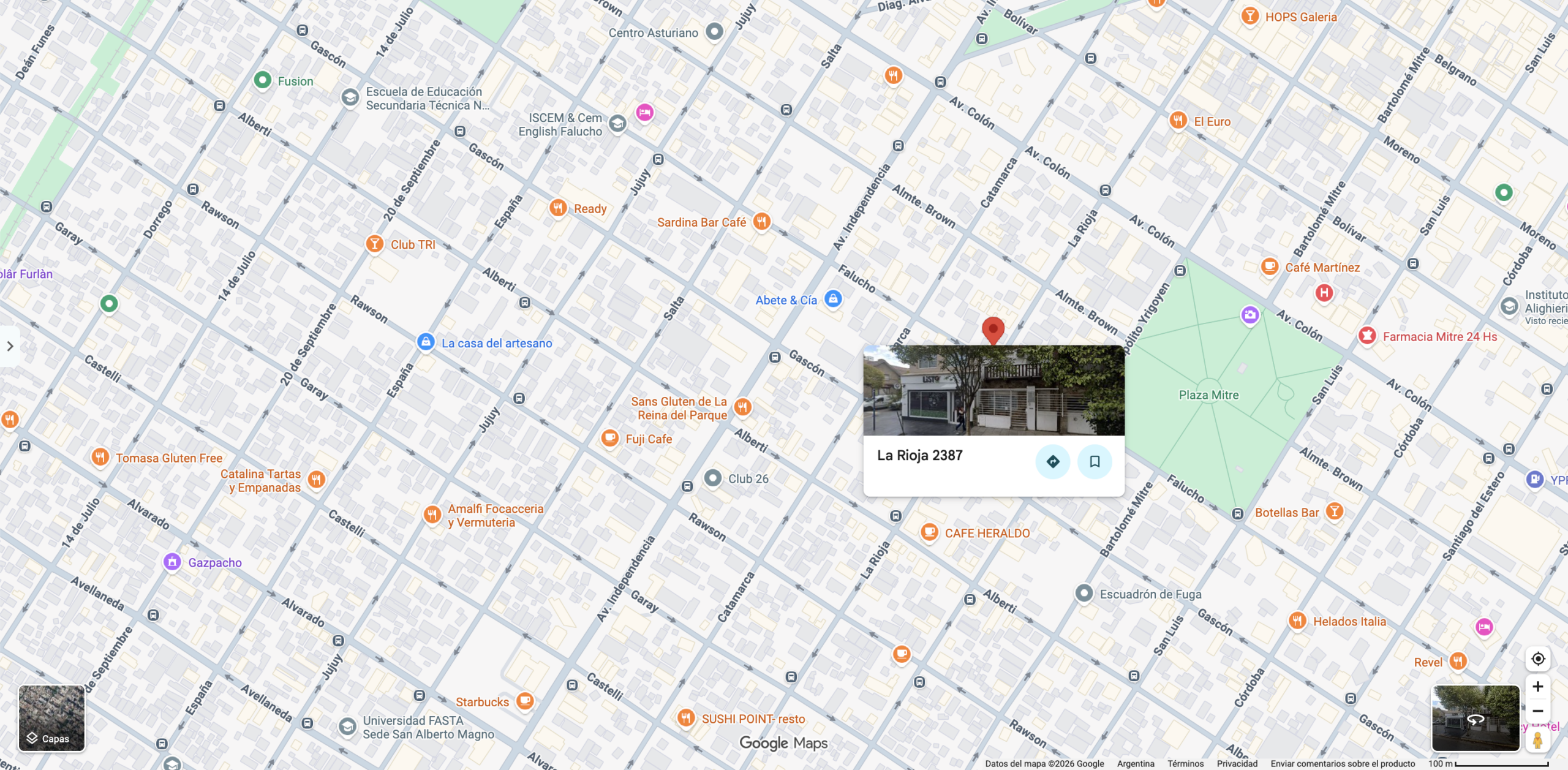 Mapa de Google Maps en Mar del Plata, Argentina, indicando la ubicación del Instituto Lenguas Vivas en la calle La Rioja 2387. Fuente: Google Maps.