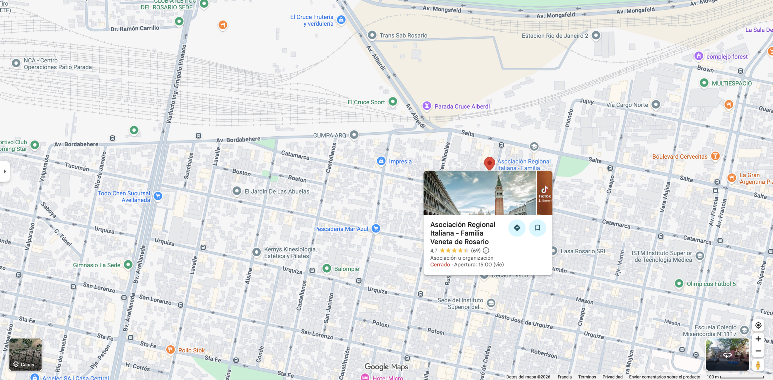 Rosario, Argentina. Mapa de Google Maps de la Asociación Regional Italiana - Familia Veneta de Rosario. Fuente: Google Maps.