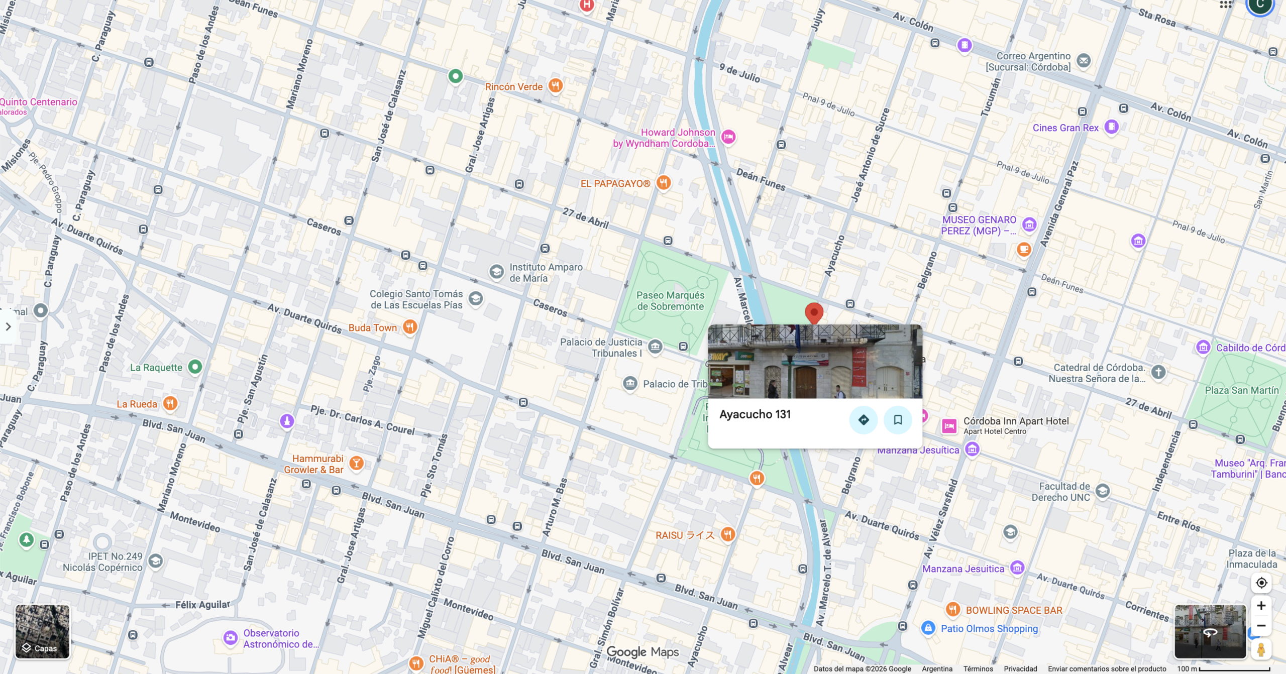 Ayacucho 131, Córdoba, Argentina. Mapa que señala la ubicación de la sede administrativa. Fuente: Google Maps.