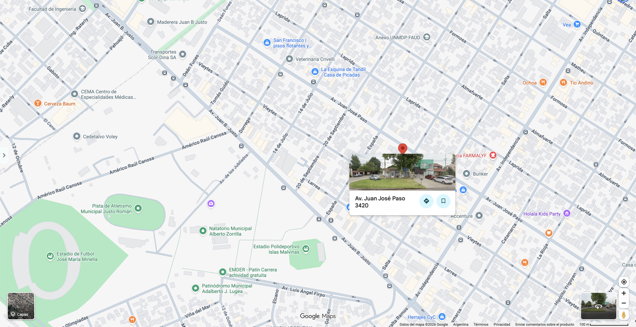 Mapa de Google Maps en Mar del Plata, Argentina, señalando la ubicación del Instituto Educa Idiomas en Av. Juan José Paso 3420. Fuente: Google Maps.