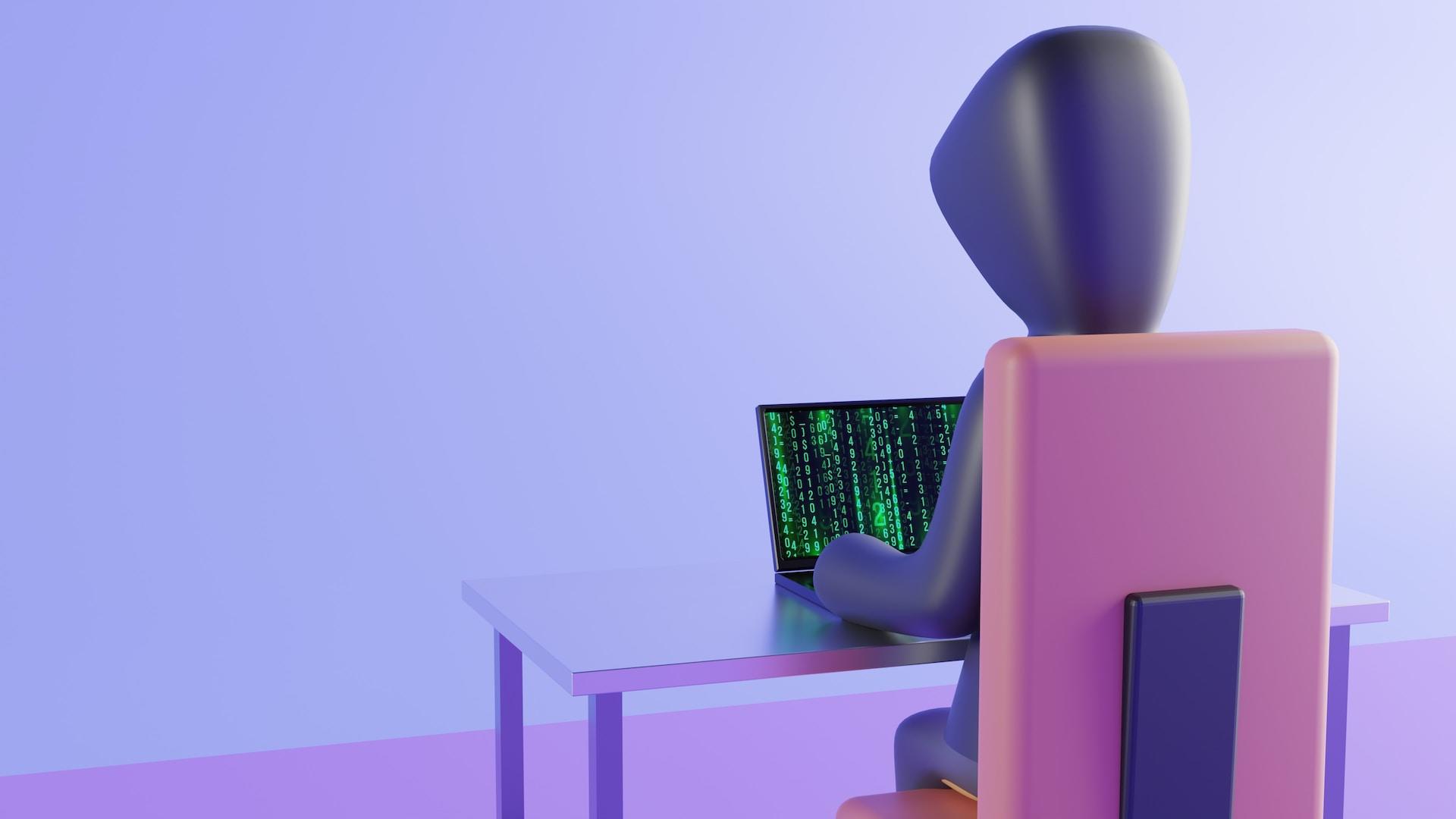 Mesa, ordenador y robot sentado en una silla.