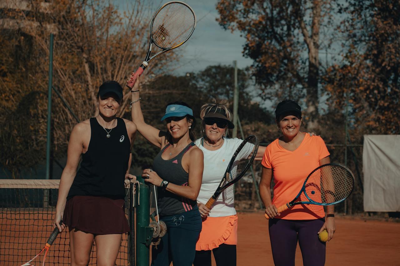 Mujeres paradas con raquetas de tenis en la mano.
