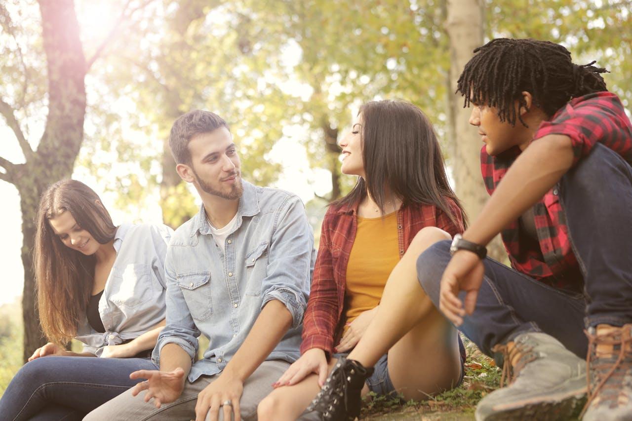 Grupo de amigos sonrientes sentados en el parque.