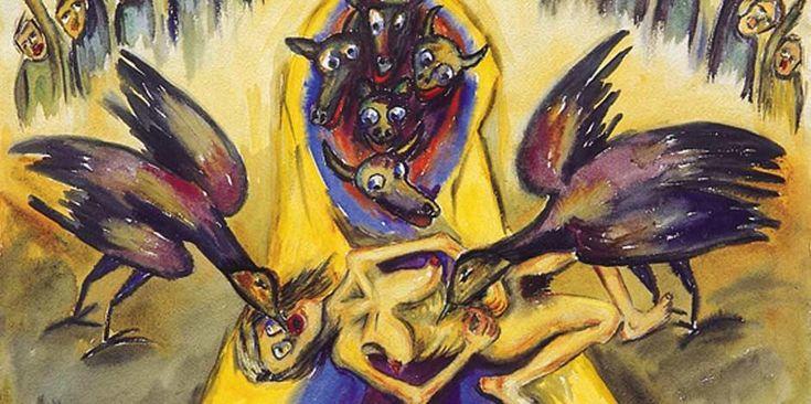 Pintura de colores con mujer desnuda y pájaros negros. 