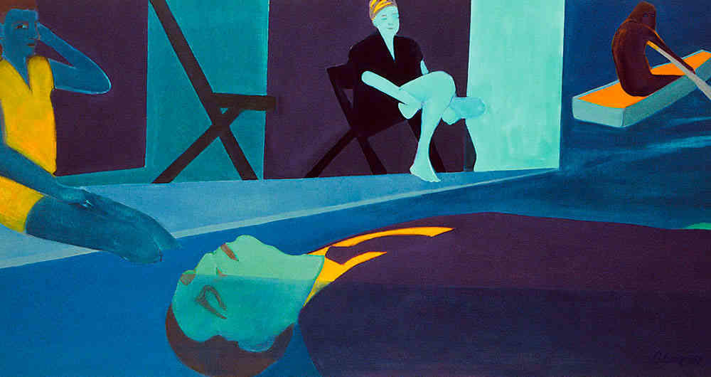 Pintura de persona sentada y persona acostada. 