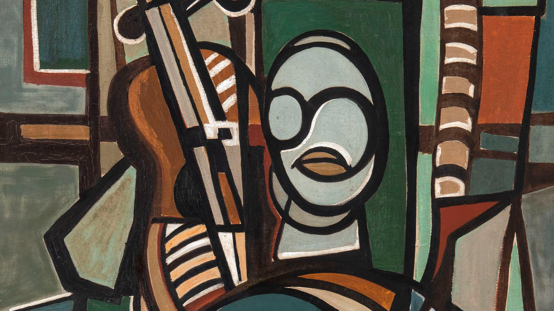 Pintura de guitarra y cabeza en colores verdes y marrones.