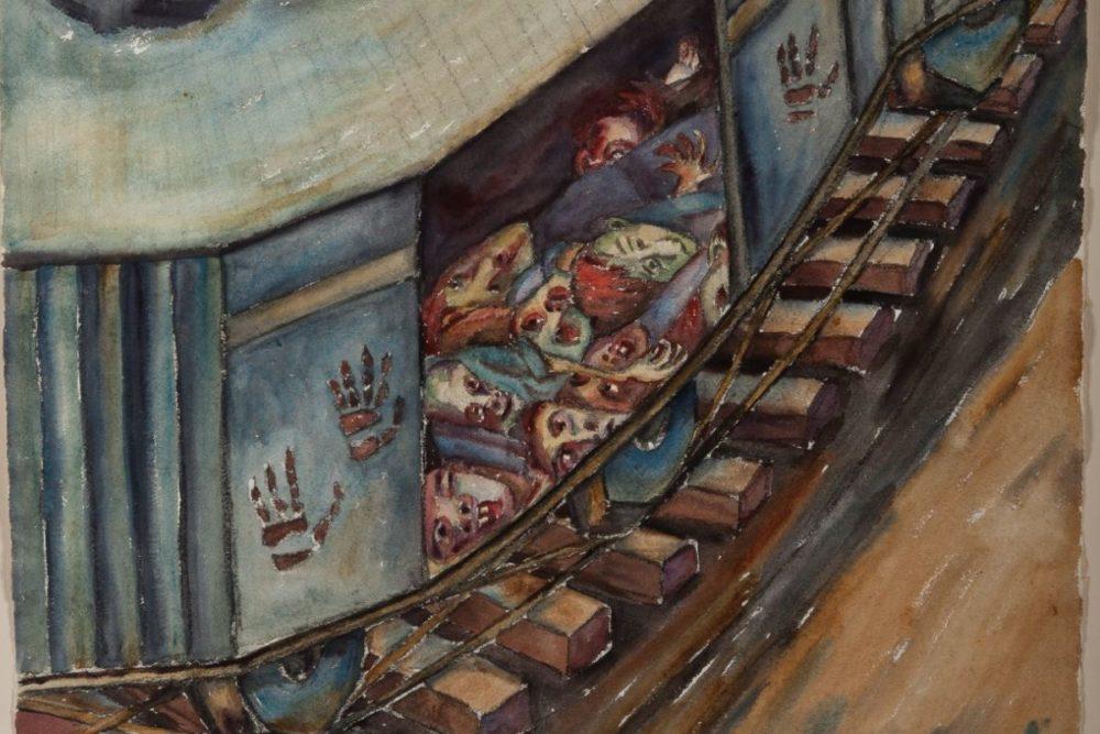 Pintura de tren sobre las vías con cabezas adentro.