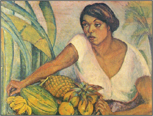 Pintura de mujer con bandeja de frutas.