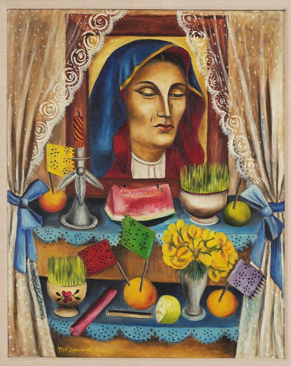 Pintura de virgen y frutas de colores.