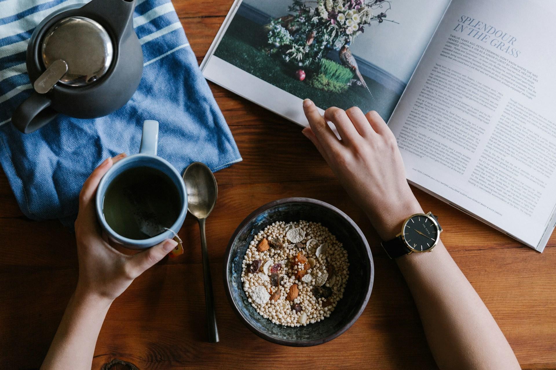 libro, comida saludable, cafe