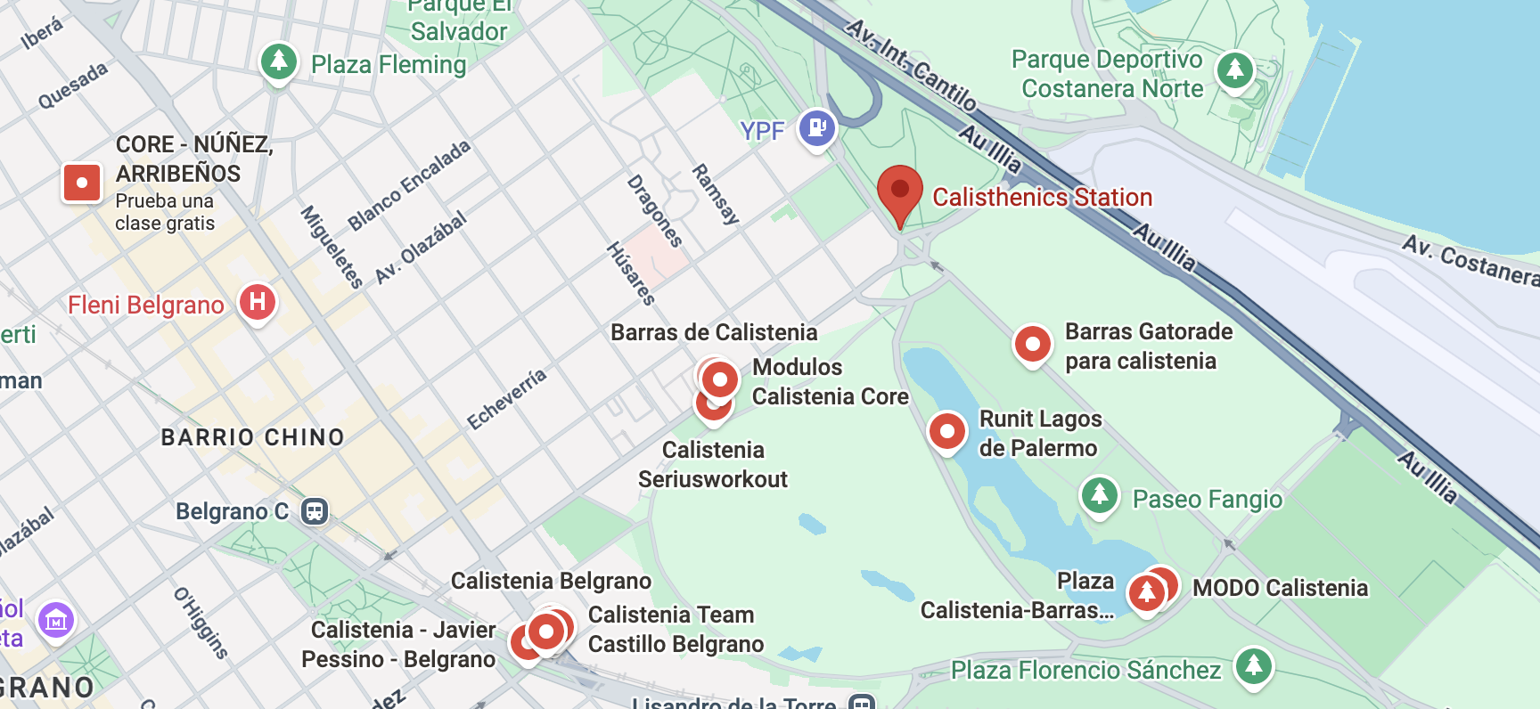 Mapa de la zona de Belgrano y Bosques de Palermo en Buenos Aires, que muestra la alta concentración de parques y estaciones para hacer calistenia. Fuente: Google Maps.