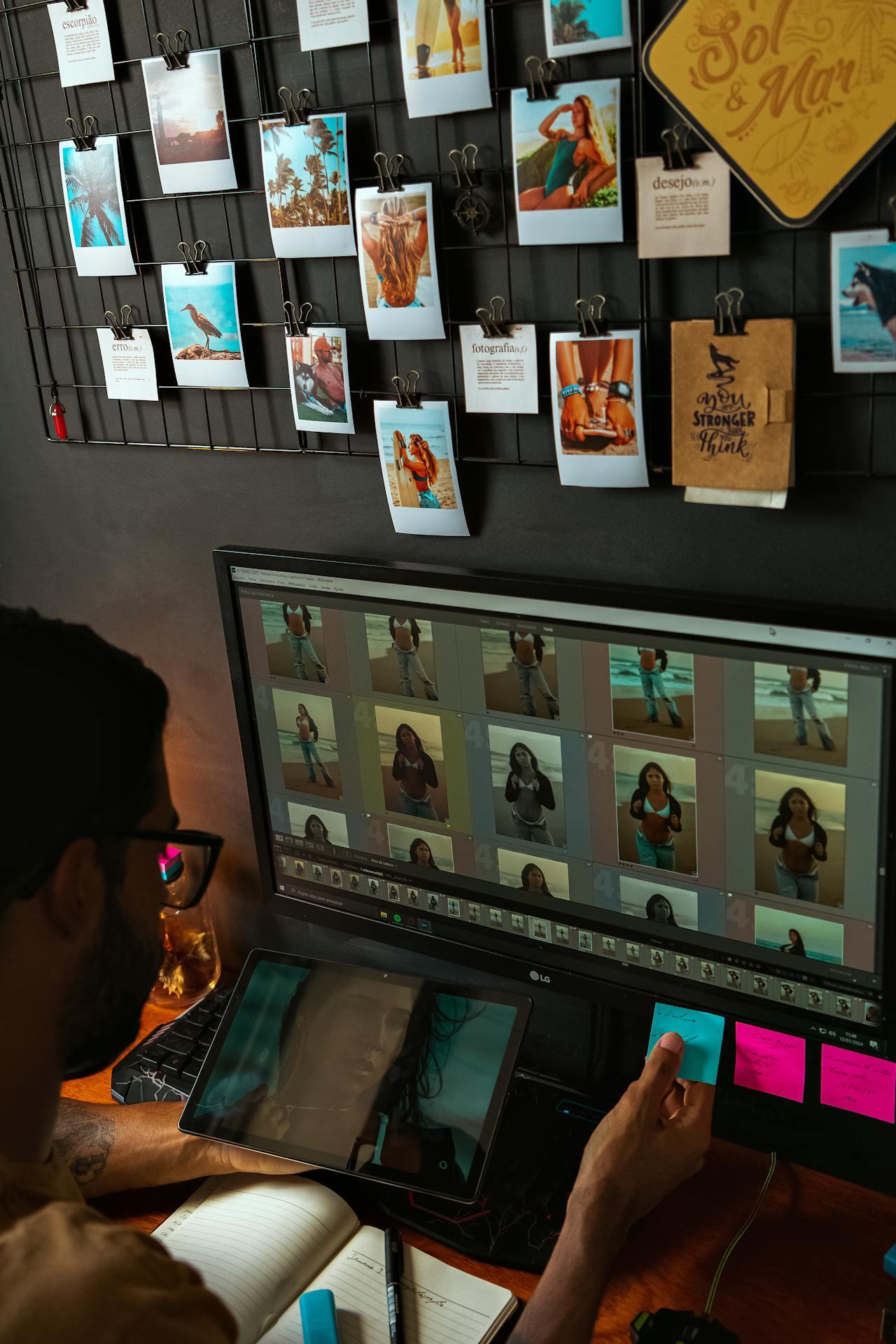 Hombre frente al ordenador y panel de fotos.