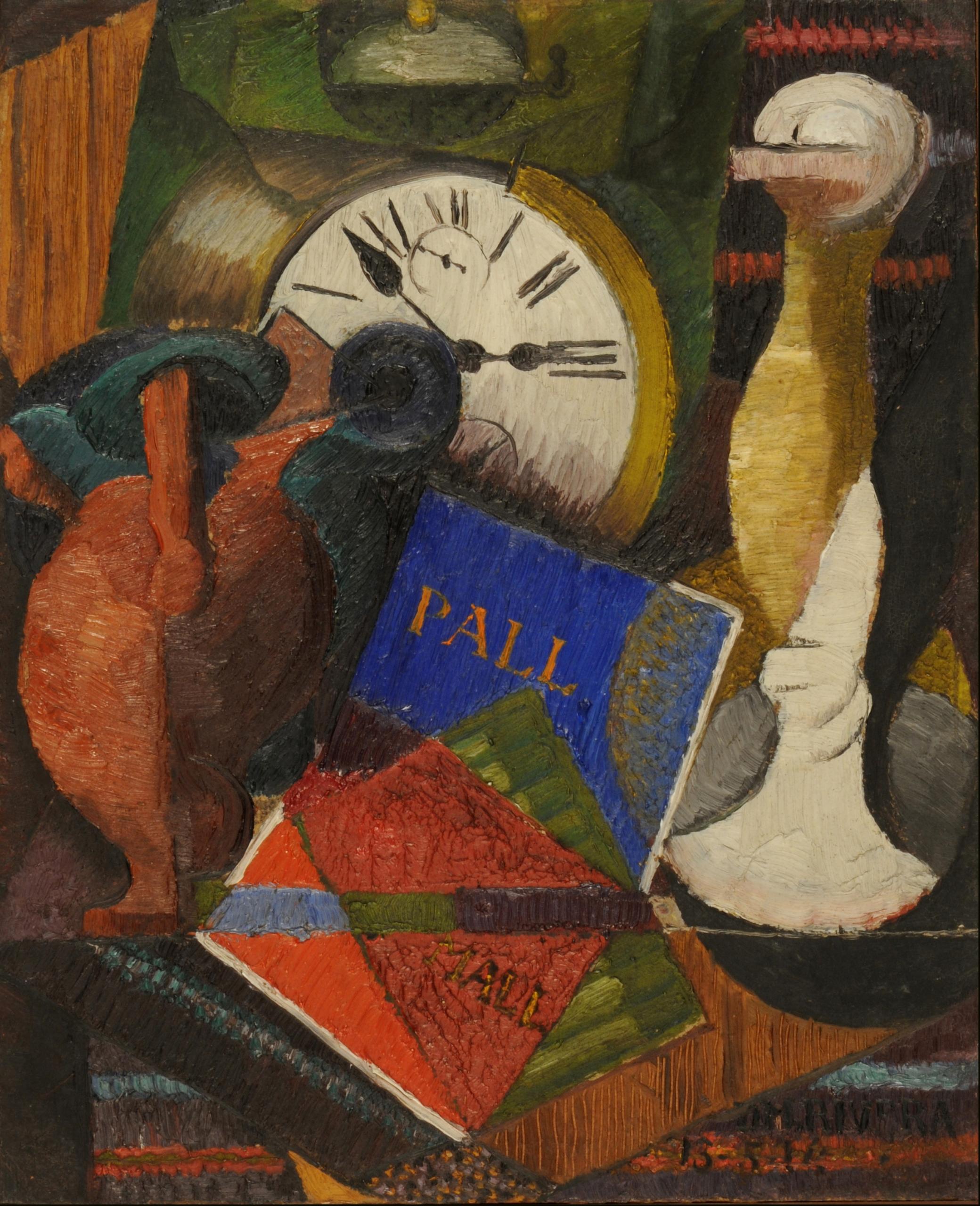 Pintura colorida de un reloj, una revista y una columna.
