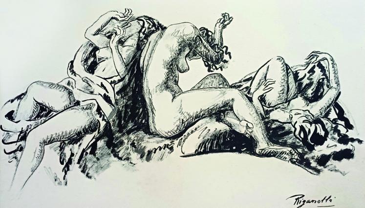 Dibujo en blanco y negro de personas desnudas.