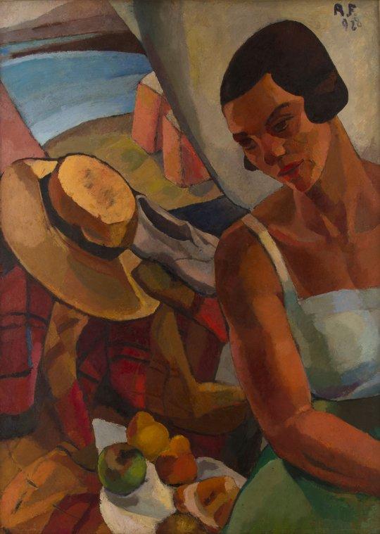 Pintura de una mujer con frutas y un sombrero.