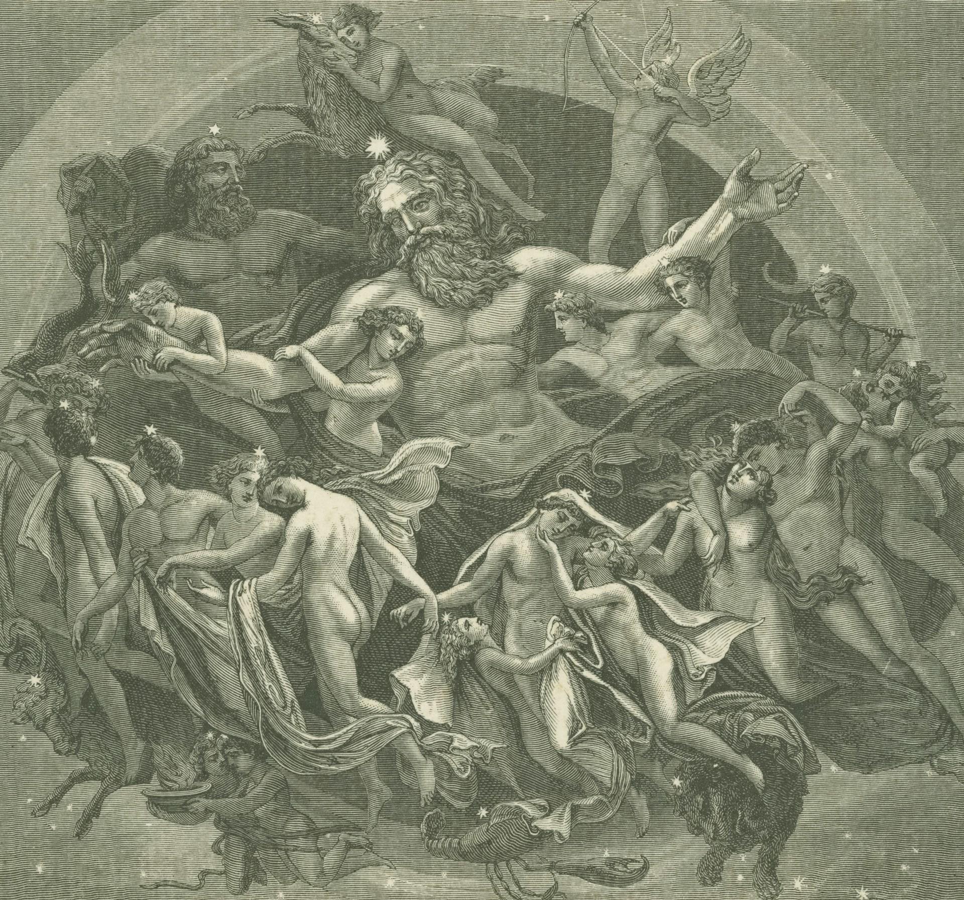 Pintura en blanco y negro de un hombre con muchas mujeres desnudas a su alrededor.