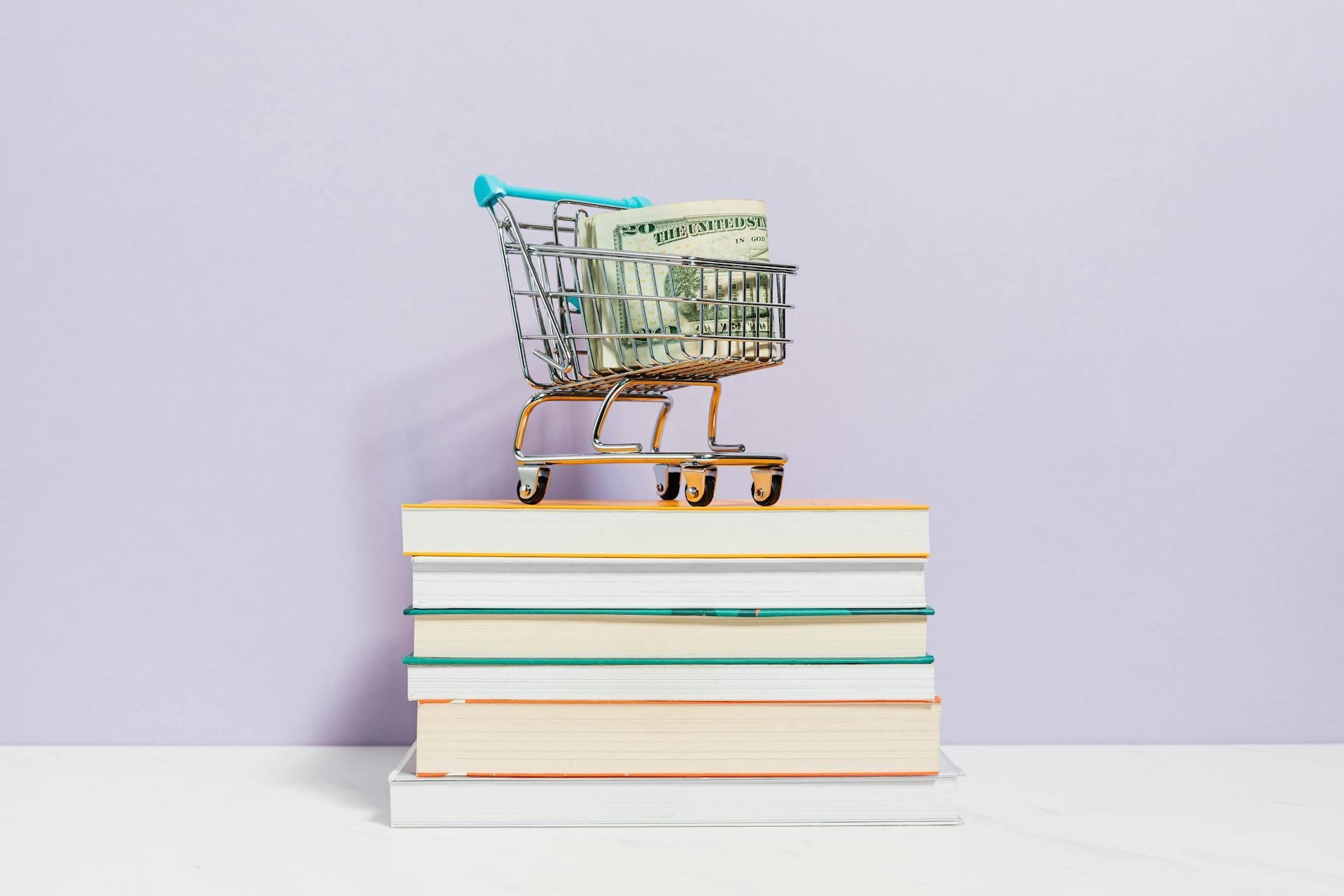 Changuito con dinero sobre una pila de libros.