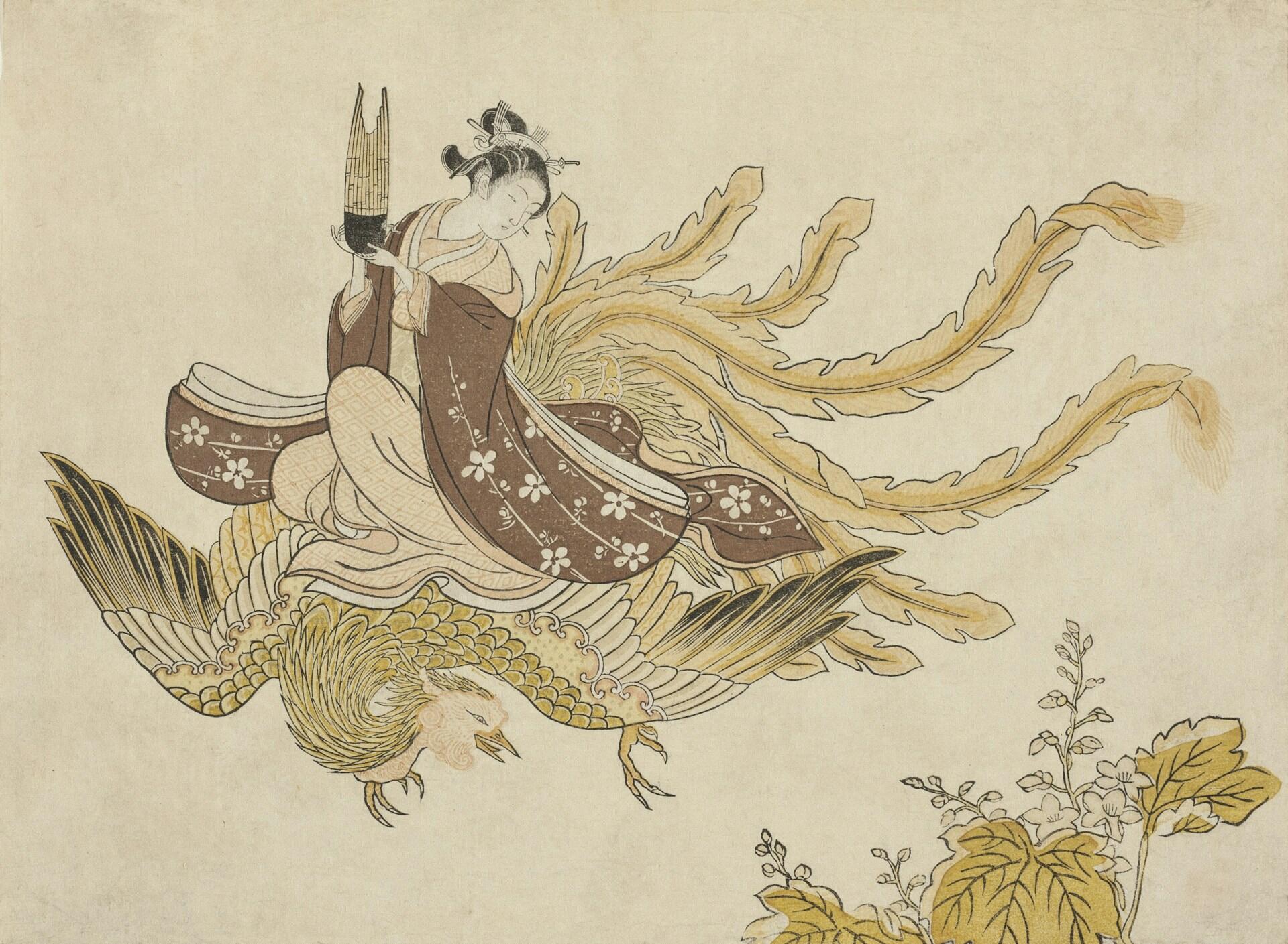 Dibujo japonés de una mujer sobre un ave con plumas.