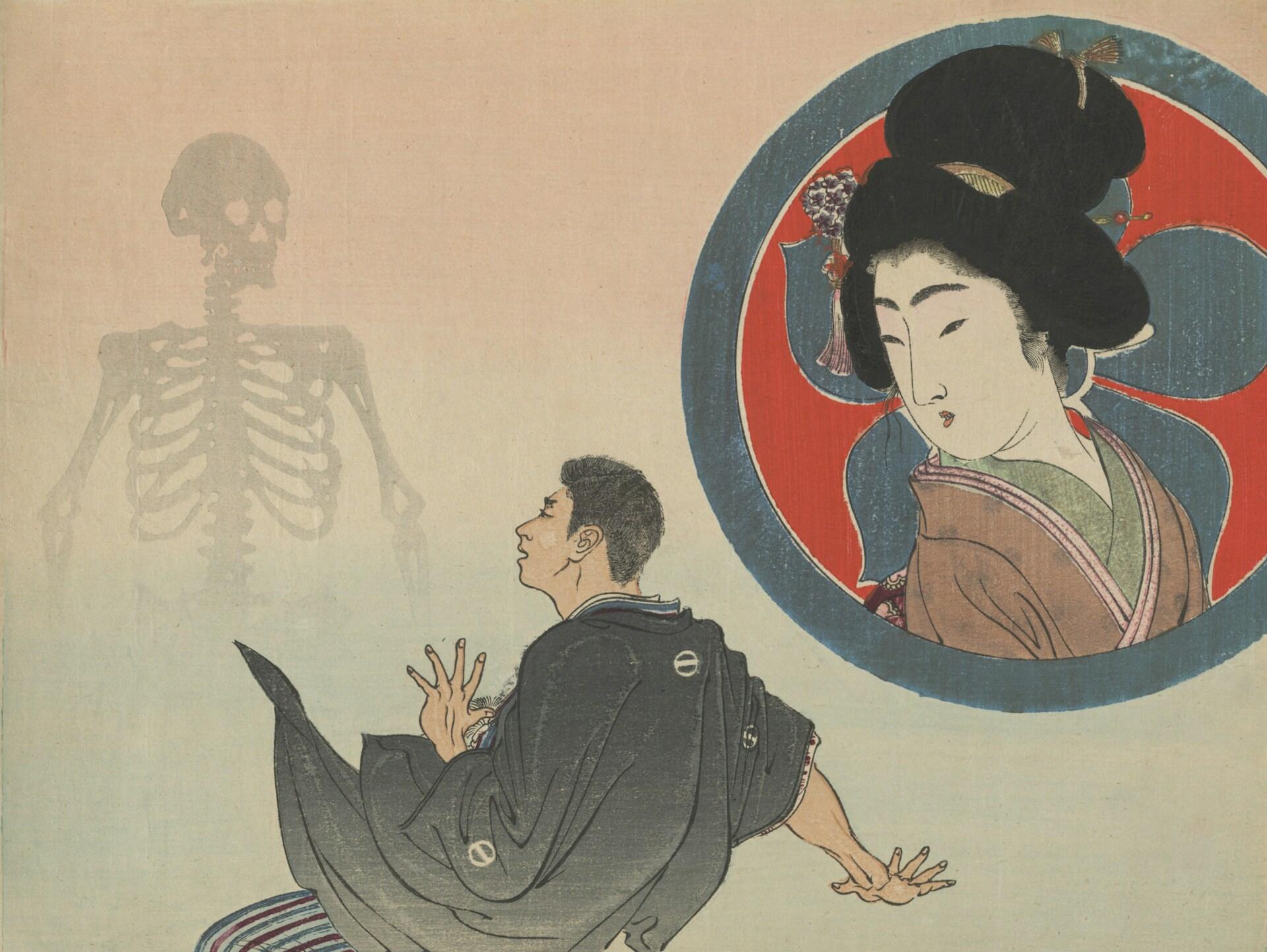 Dibujo japonés de un hombre y una mujer mirando un esqueleto.