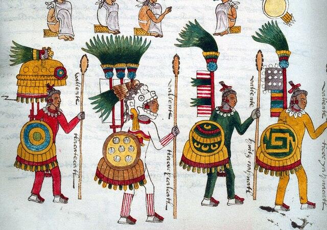 Pintura colorida de guerreras aztecas.